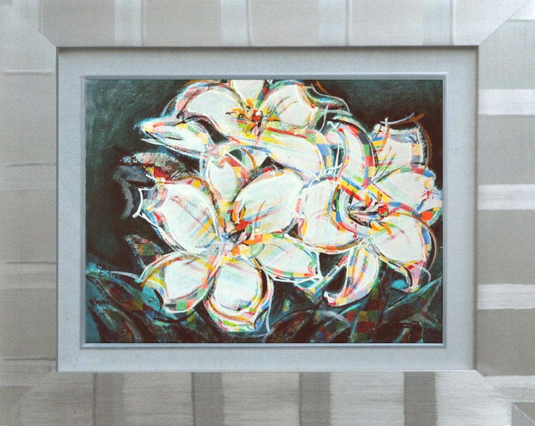 油絵 菅家令子 絵 絵画インテリア額付(青緑＋金色の枠)F4-091316 ゆり