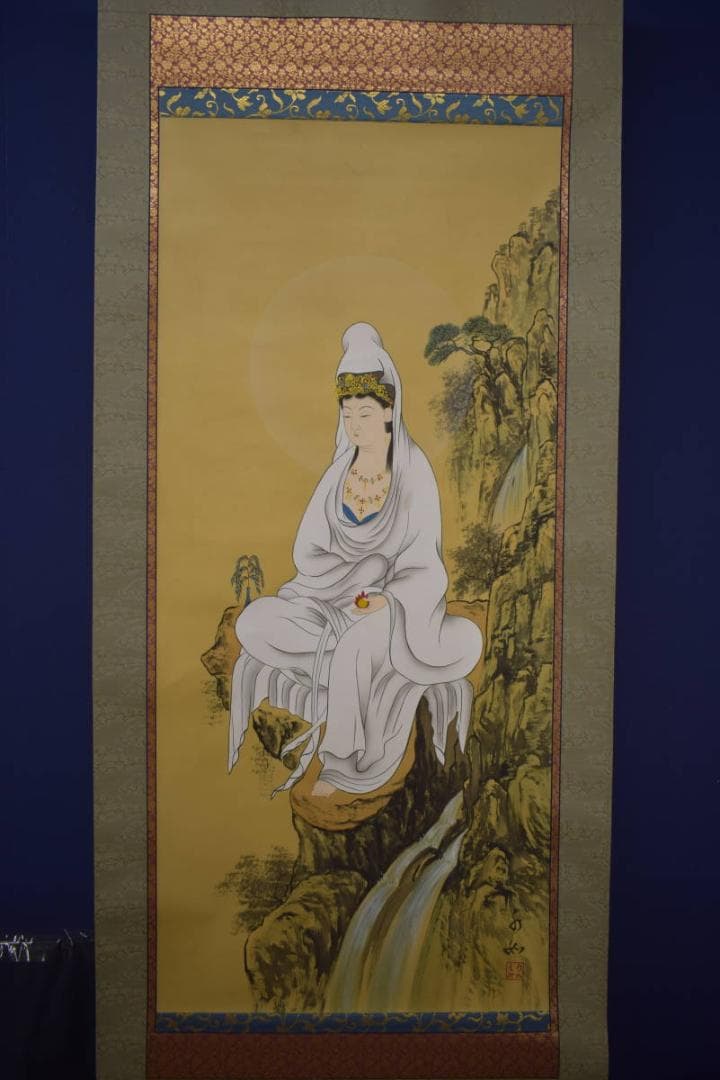 真作/水如/楊柳観音像図/岩上観音図/布袋屋掛軸HI-762