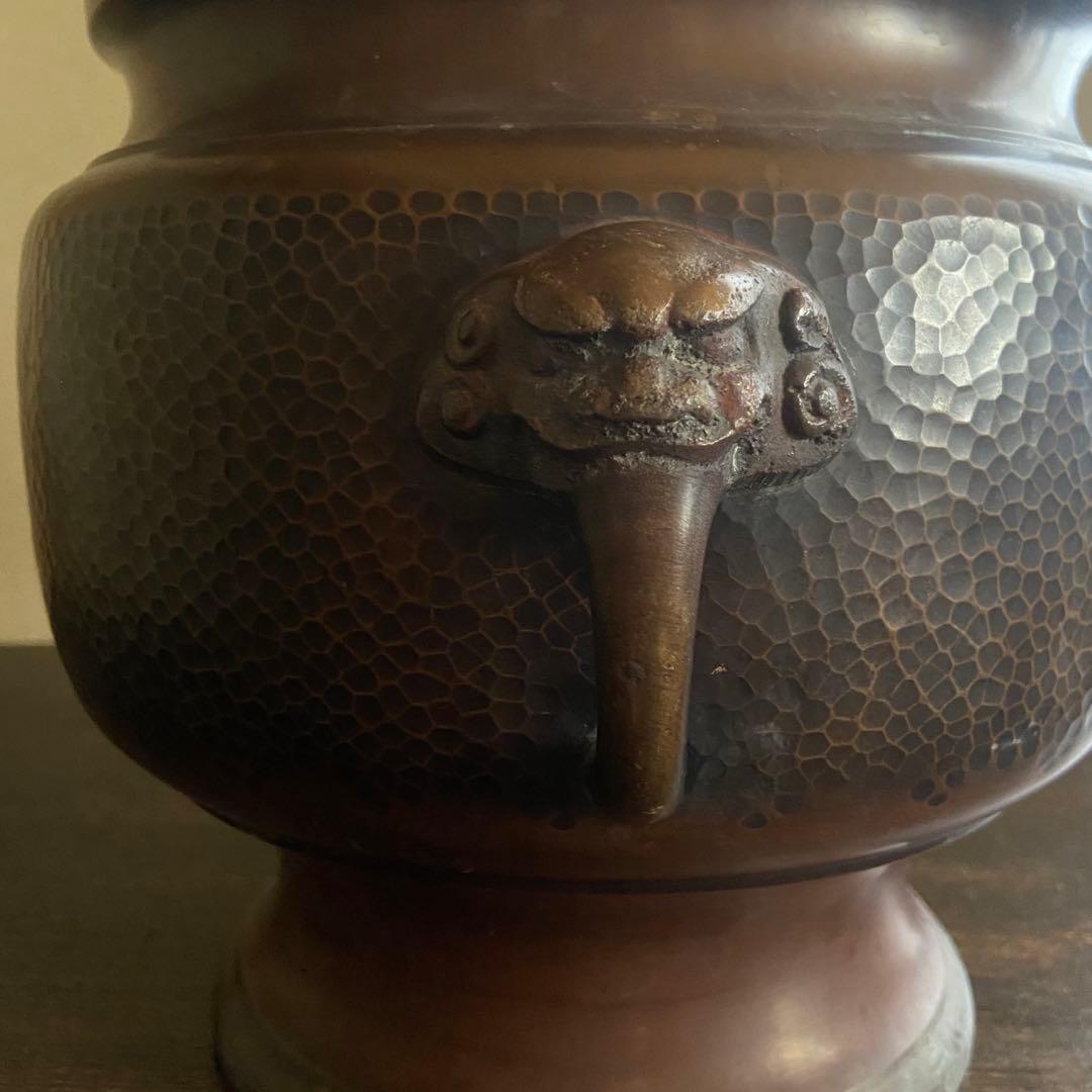 銅製　獣耳　槌目模様　火鉢　古い火鉢