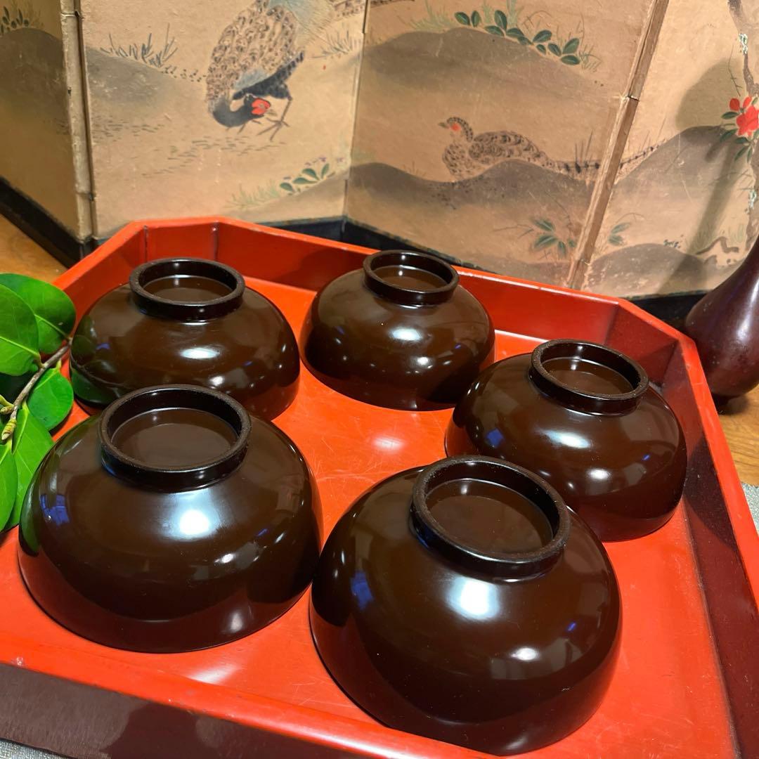 A914 木製輪島塗　潤み色　隠し絵蒔絵　閑古鳥蒔絵　鶏　5客