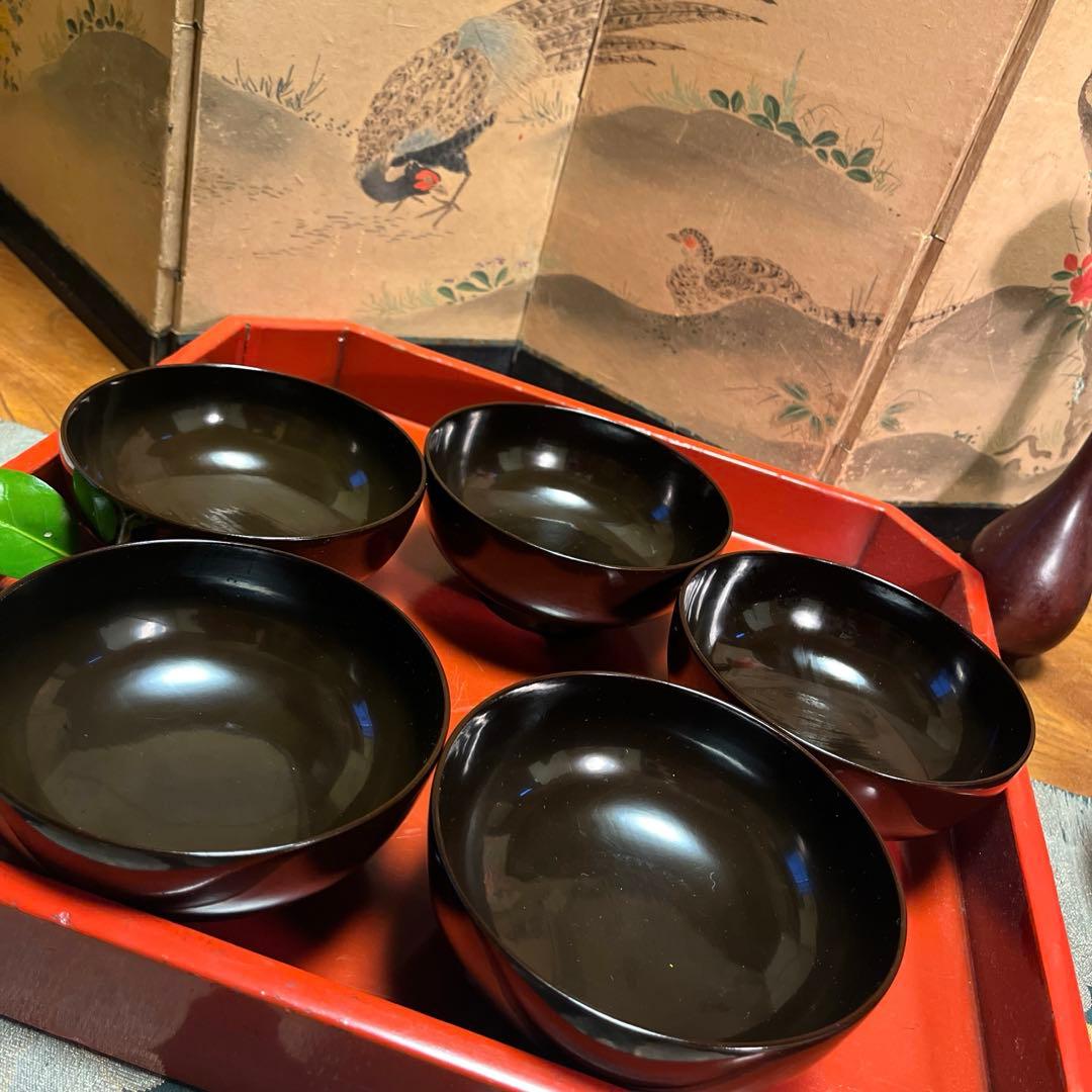 A914 木製輪島塗　潤み色　隠し絵蒔絵　閑古鳥蒔絵　鶏　5客