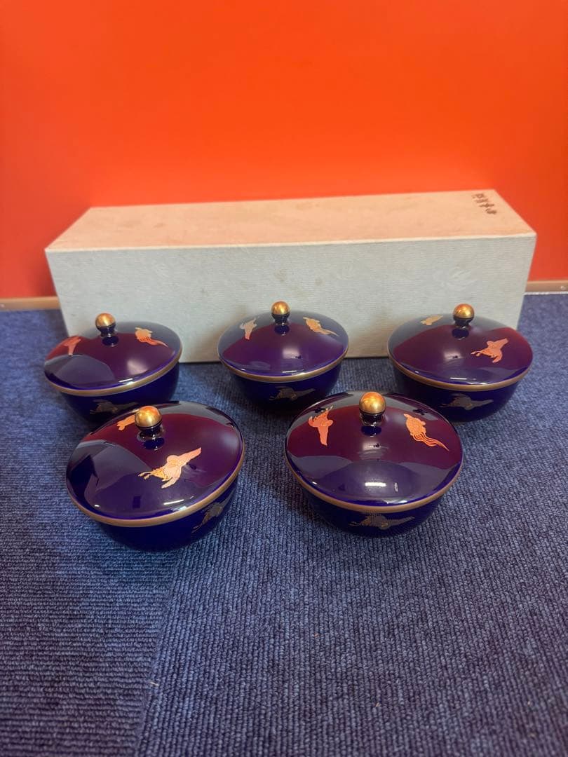 1882 香蘭社　瑠璃鶴亀　湯呑蓋付　5客　金彩　未使用