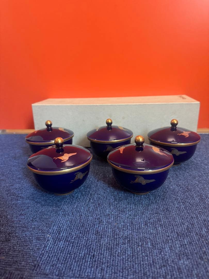 1882 香蘭社　瑠璃鶴亀　湯呑蓋付　5客　金彩　未使用