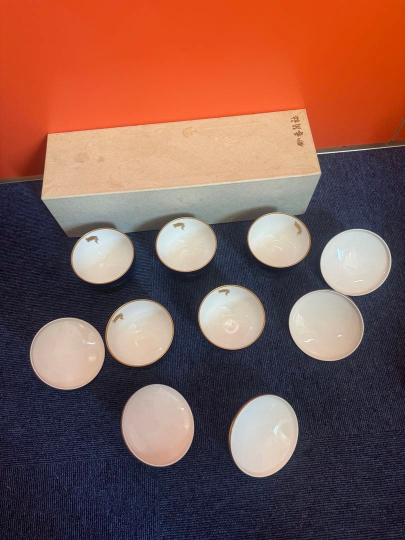 1882 香蘭社　瑠璃鶴亀　湯呑蓋付　5客　金彩　未使用