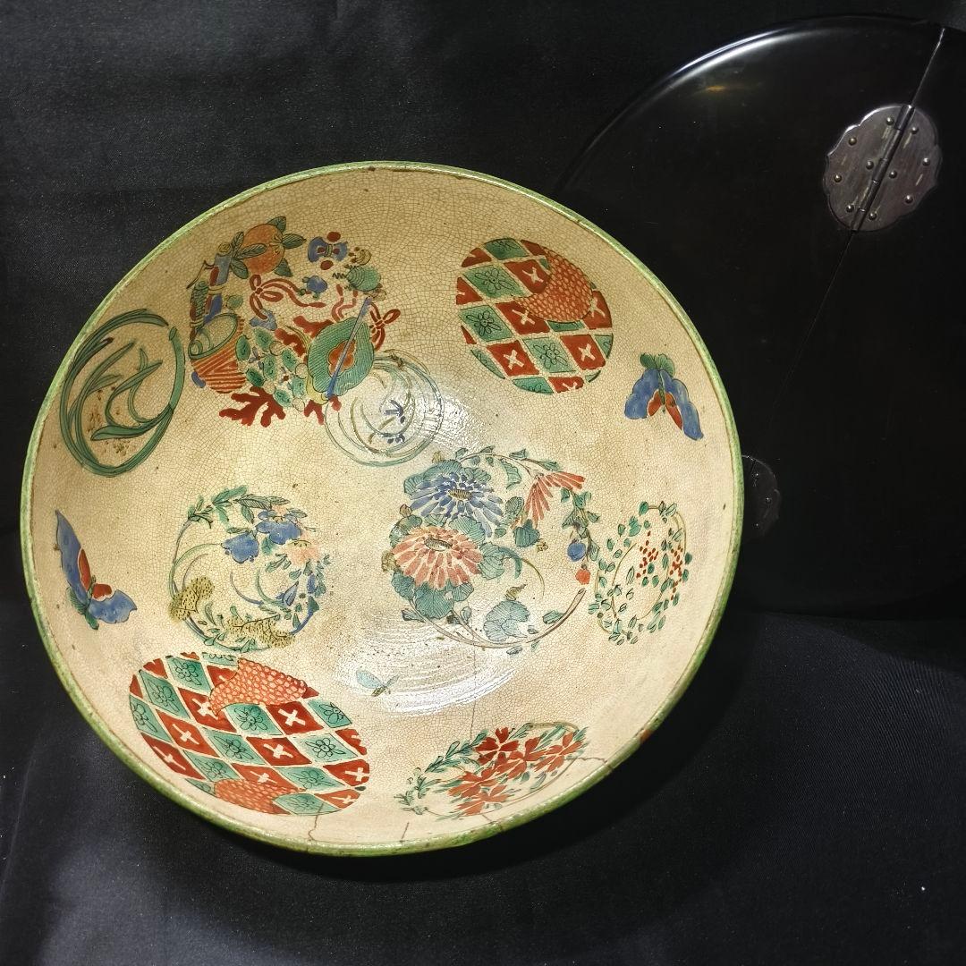 茶道具 古九谷焼 色絵水指 手描き花丸文 幕末骨董 木製漆蓋 桐箱入旧家蔵出し