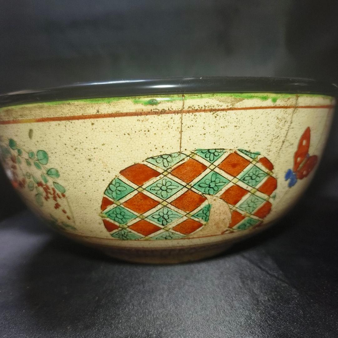 茶道具 古九谷焼 色絵水指 手描き花丸文 幕末骨董 木製漆蓋 桐箱入旧家蔵出し