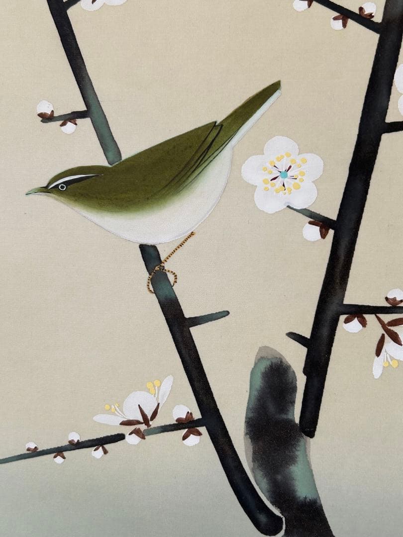 紅白梅に小禽　野川朝邨　掛け軸　共箱あり