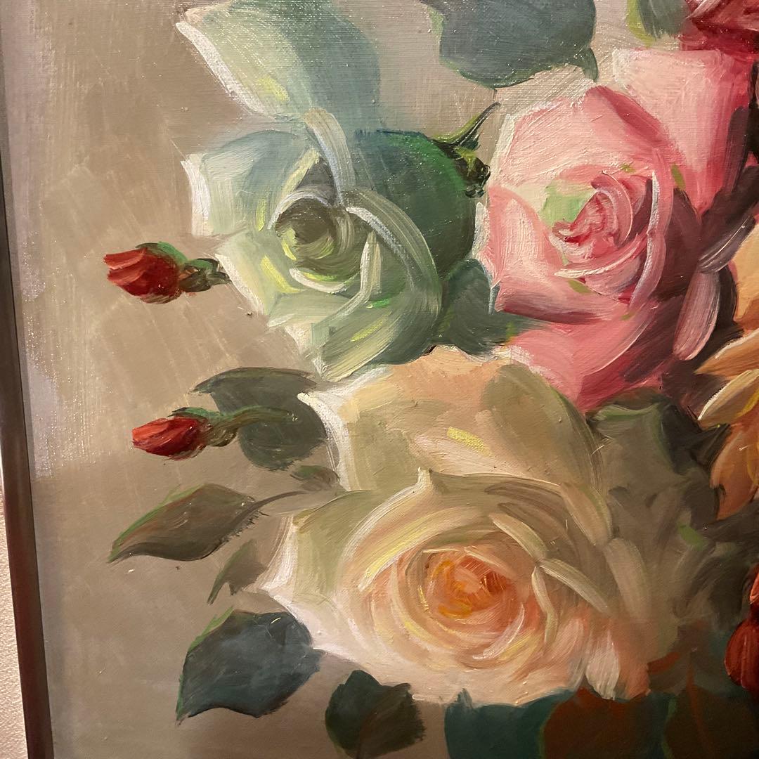 中西利雄 薔薇 油彩 薔薇 ばら バラ 古い油絵 キャンバス 額装品