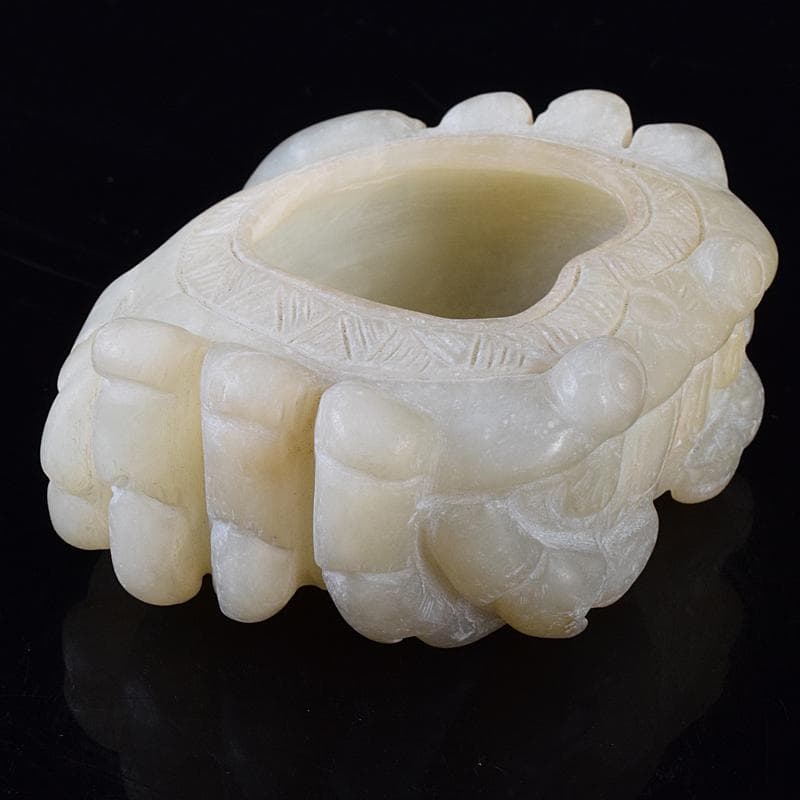 中国　玉石白玉彫刻　蟹形水孟　筆洗　V　R8258
