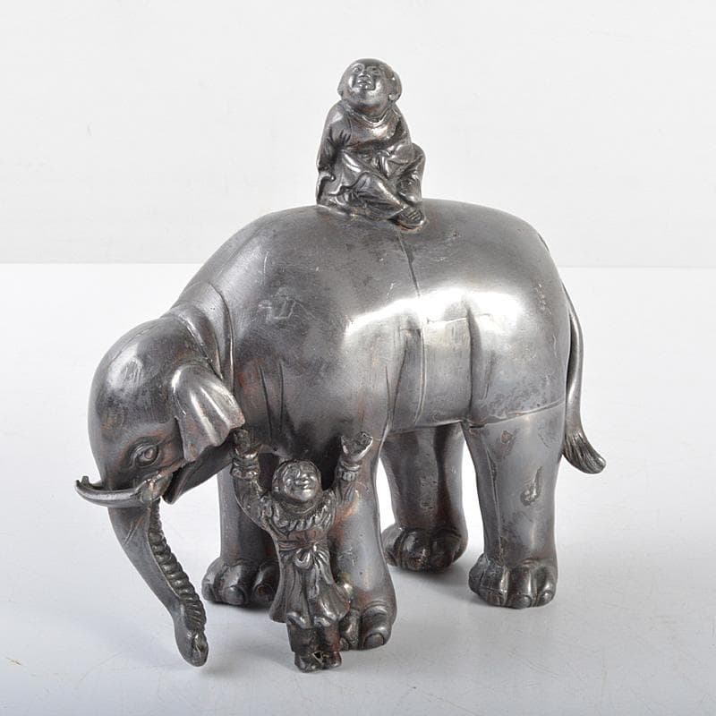中国　あんちん製　象に唐子　置物　約1089g　M　R4775