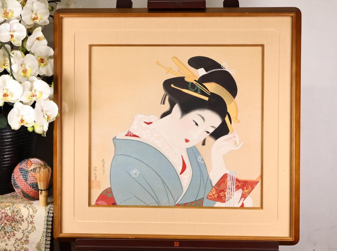 伊東深水　『 手鏡 』 共シール　額装　日本画　美人画　8号　【模写】BJ213