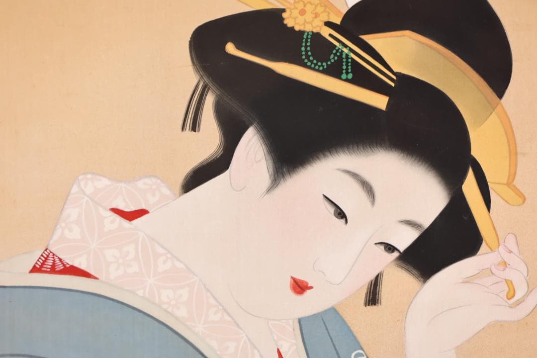 伊東深水　『 手鏡 』 共シール　額装　日本画　美人画　8号　【模写】BJ213