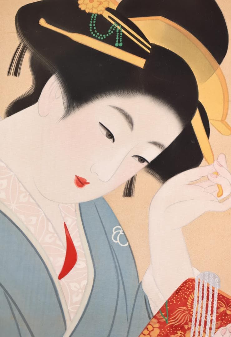 伊東深水　『 手鏡 』 共シール　額装　日本画　美人画　8号　【模写】BJ213