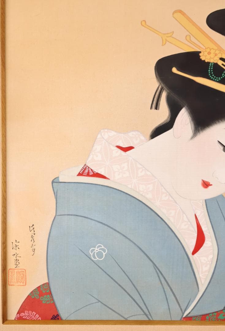 伊東深水　『 手鏡 』 共シール　額装　日本画　美人画　8号　【模写】BJ213