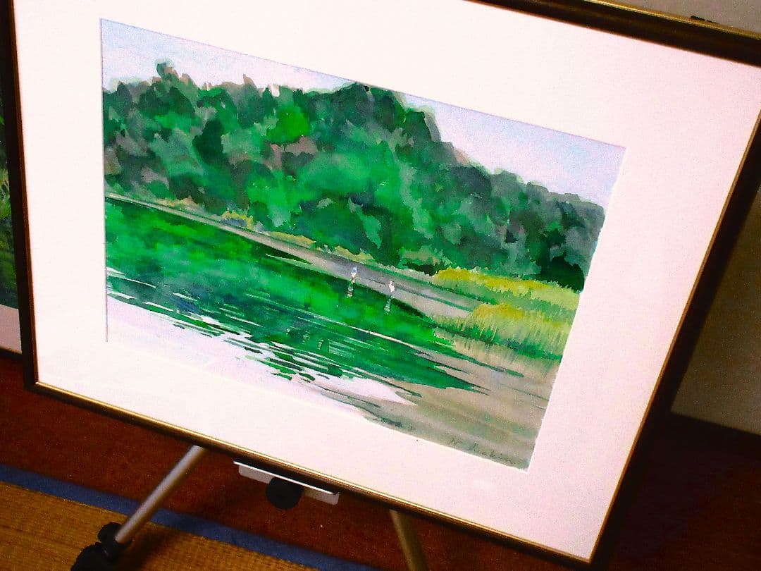 水彩画 水辺の風景 額装済み