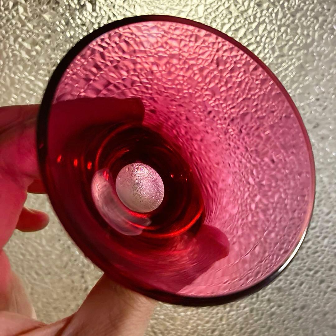 骨董　時代ガラス　希少　金赤ガラス　ラッパ型　厚底　酒器　アイスクリームコップ