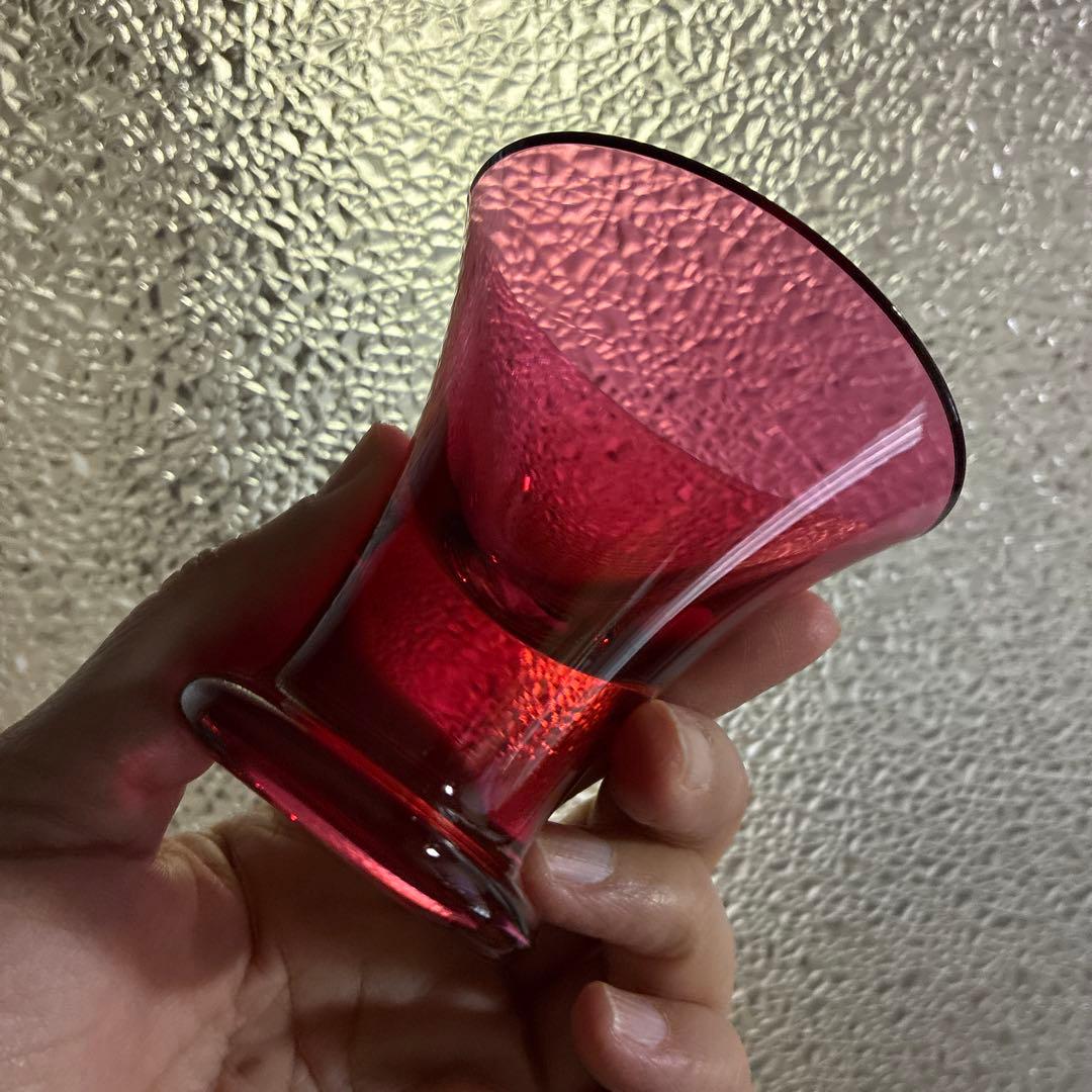 骨董　時代ガラス　希少　金赤ガラス　ラッパ型　厚底　酒器　アイスクリームコップ