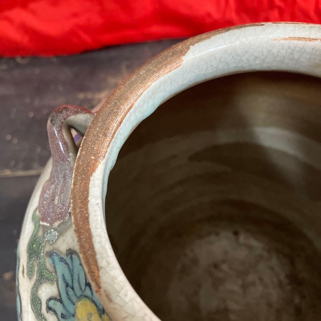 中国　色絵　三耳壺　鳳凰図