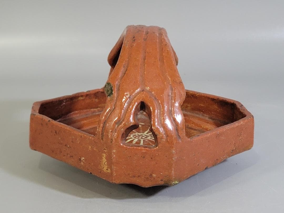 茶道具 赤楽 菊絵 手付 四方鉢 楽印 了入 古美術 DT280