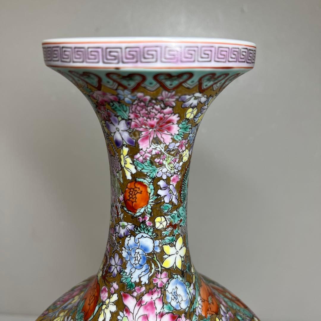 中国美術　粉彩　花と龍図花瓶　高さ44㎝　東Y7-0530③タサオ