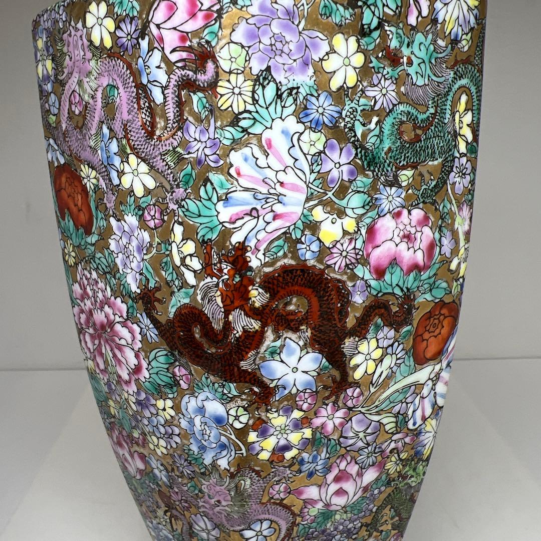 中国美術　粉彩　花と龍図花瓶　高さ44㎝　東Y7-0530③タサオ