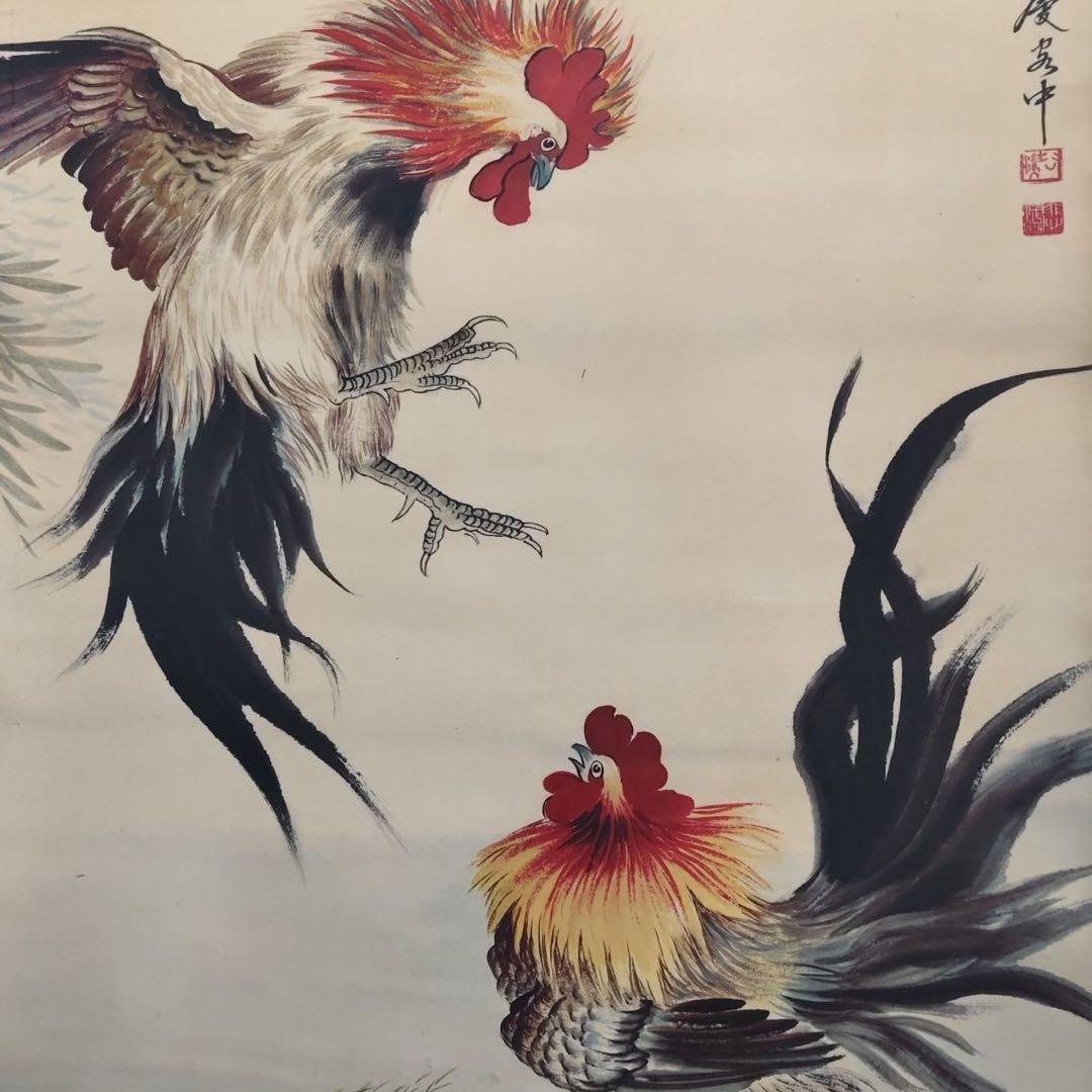 徐悲鴻《雄鶏図》　四尺中堂　掛軸　中国名人書画　絹本 壁掛け装飾