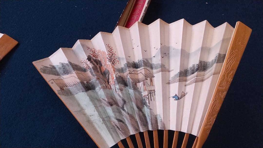 中国 子安刻 山水扇子 要破損 書画篆刻 頂布五層 舒蓮記監製？