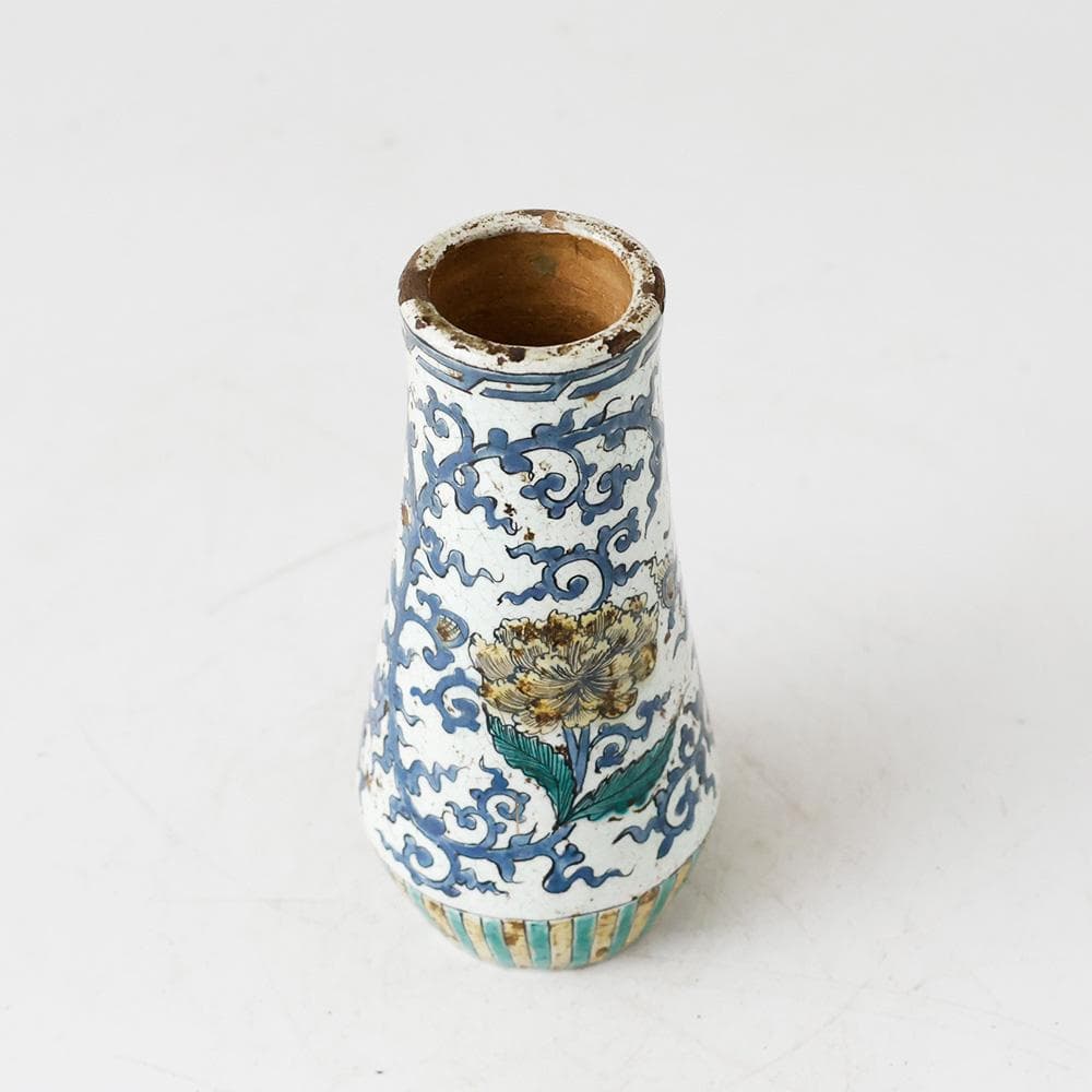 幕末明治 古陶 九谷焼 色絵 花唐草文 花入 花器 貫入 古美術 古道具 合箱
