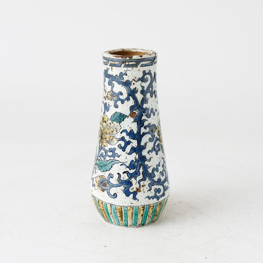 幕末明治 古陶 九谷焼 色絵 花唐草文 花入 花器 貫入 古美術 古道具 合箱