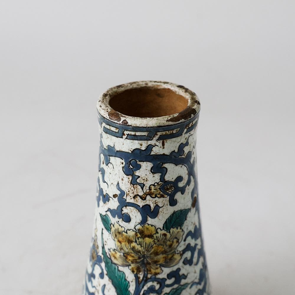 幕末明治 古陶 九谷焼 色絵 花唐草文 花入 花器 貫入 古美術 古道具 合箱