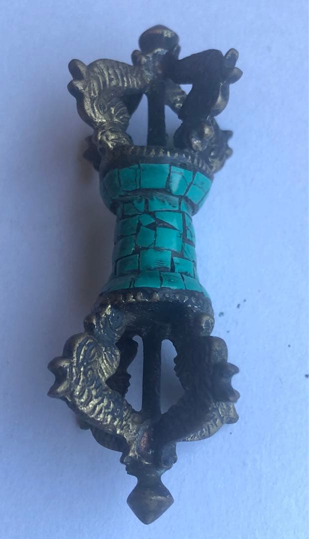 五鈷杵銅器にタ一コイズ象嵌龍彫り仏具アンティーク