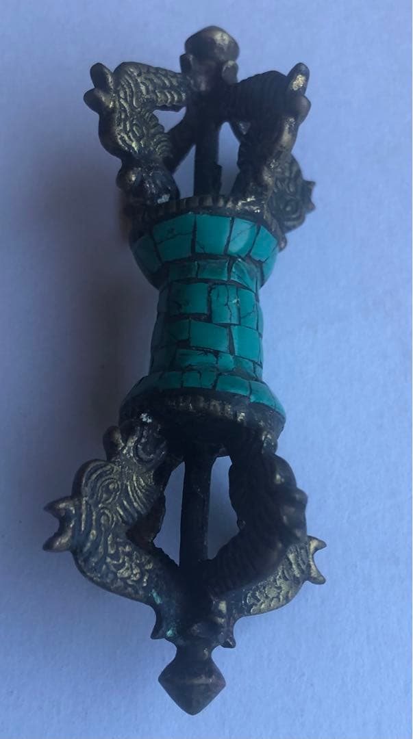 五鈷杵銅器にタ一コイズ象嵌龍彫り仏具アンティーク
