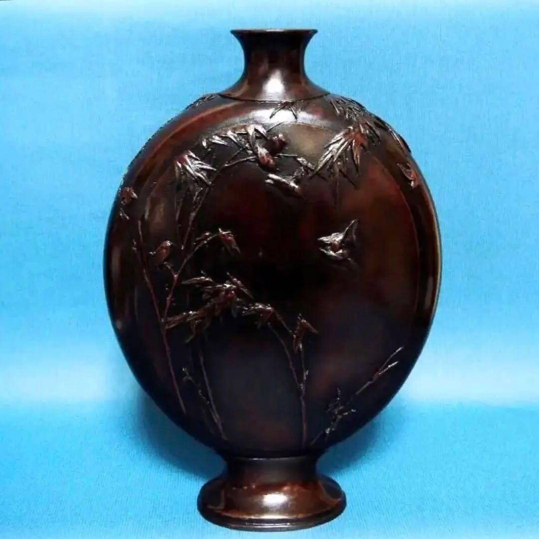 603『唐銅 竹に雀 花瓶 箱付き』　　/骨董品 古美術 古玩 アンティーク