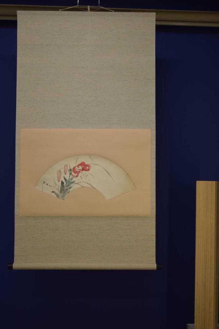 真作/備後福山生/羽田桂舟/百合図/扇面/布袋屋掛軸HI-835