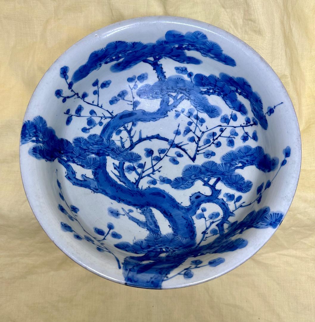 大明成化年製・ボウル陶碗・青染・松一本柄