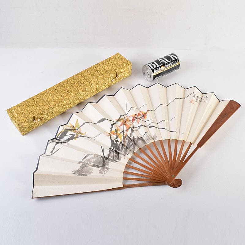 中国　雲溪竹人刻親骨　水墨画　漢詩花図　扇子　M　R8802