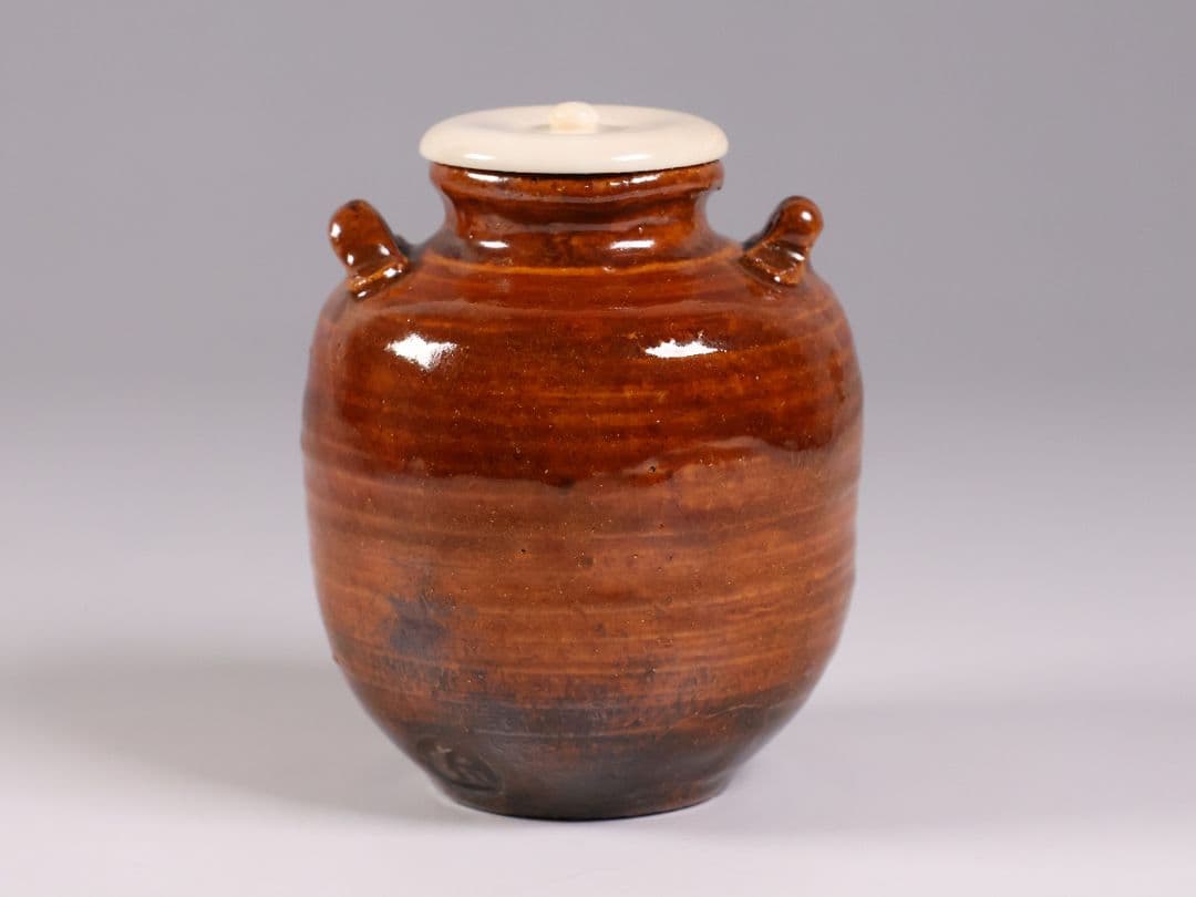 茶道具 大樋焼 中村長阿弥 茶入 共箱 共布 西陣仕覆 陶芸【CM333】