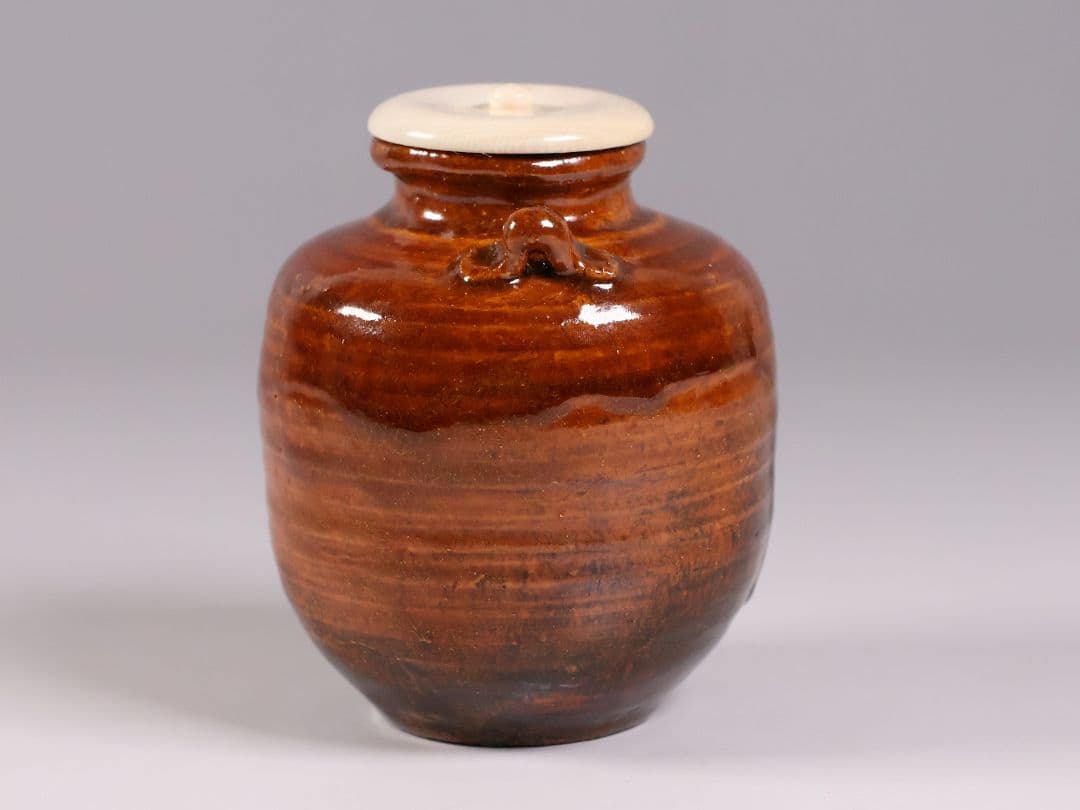 茶道具 大樋焼 中村長阿弥 茶入 共箱 共布 西陣仕覆 陶芸【CM333】