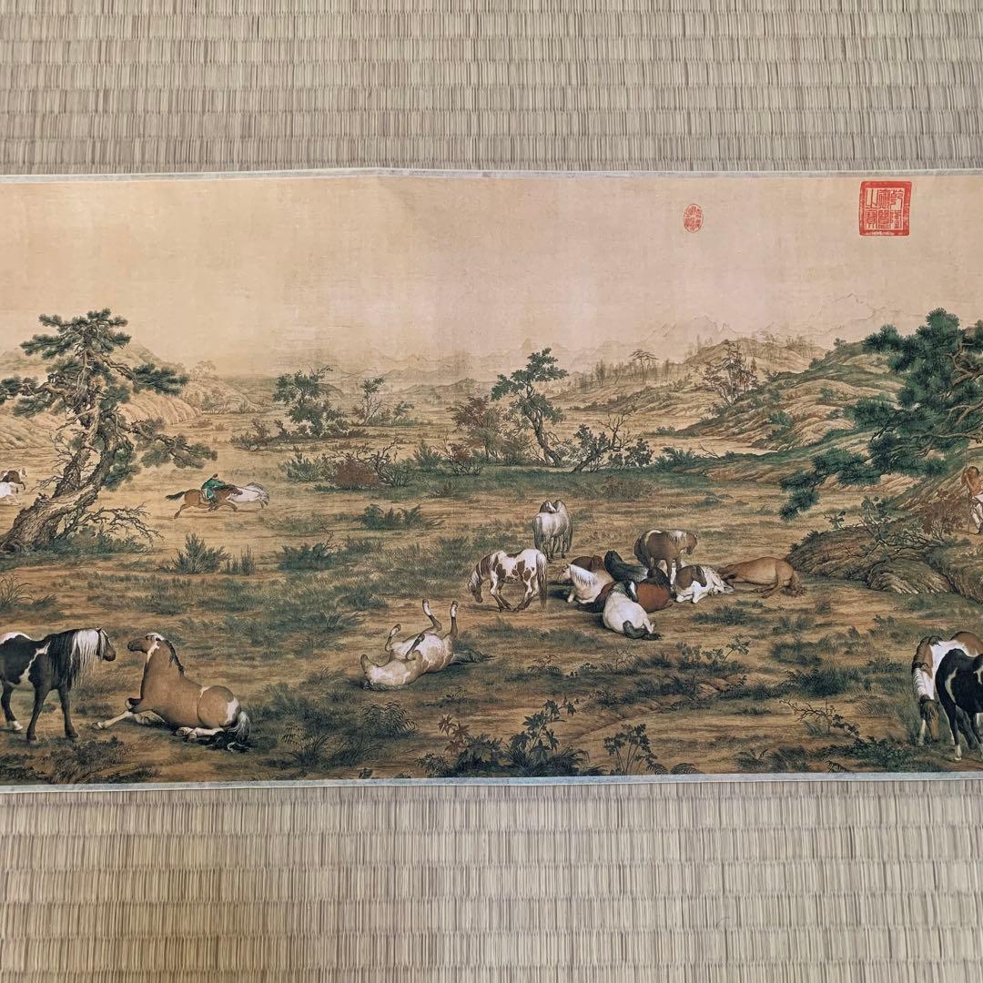 中国絵画　 清国の国師絵家　名家　清時代　郎世寧（最作)百駿図　国画巻き絵
