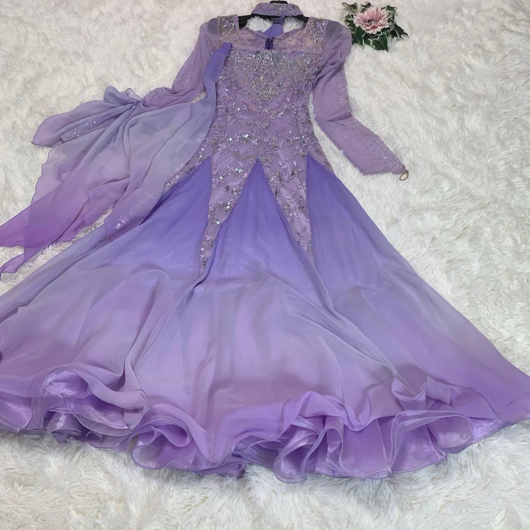 【豪華装飾/パープル◆社交ダンスドレス】M相当 ビジュー 競技 デモ 衣装