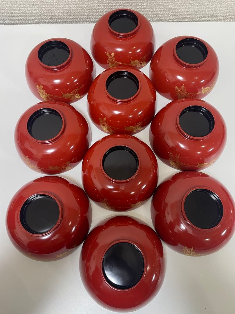 漆器 朱漆 内朱塗 漆器 吸物 懐石椀 煮物椀 10 客 牡丹柄 アンティーク