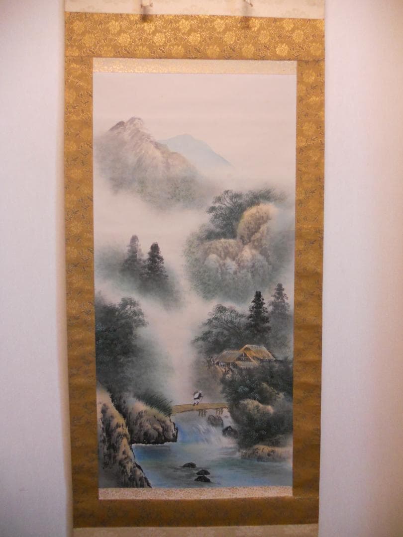 掛け軸 竹鳳 彩色山水 絹本 希少 軸装 茶道具 掛軸 美品です。
