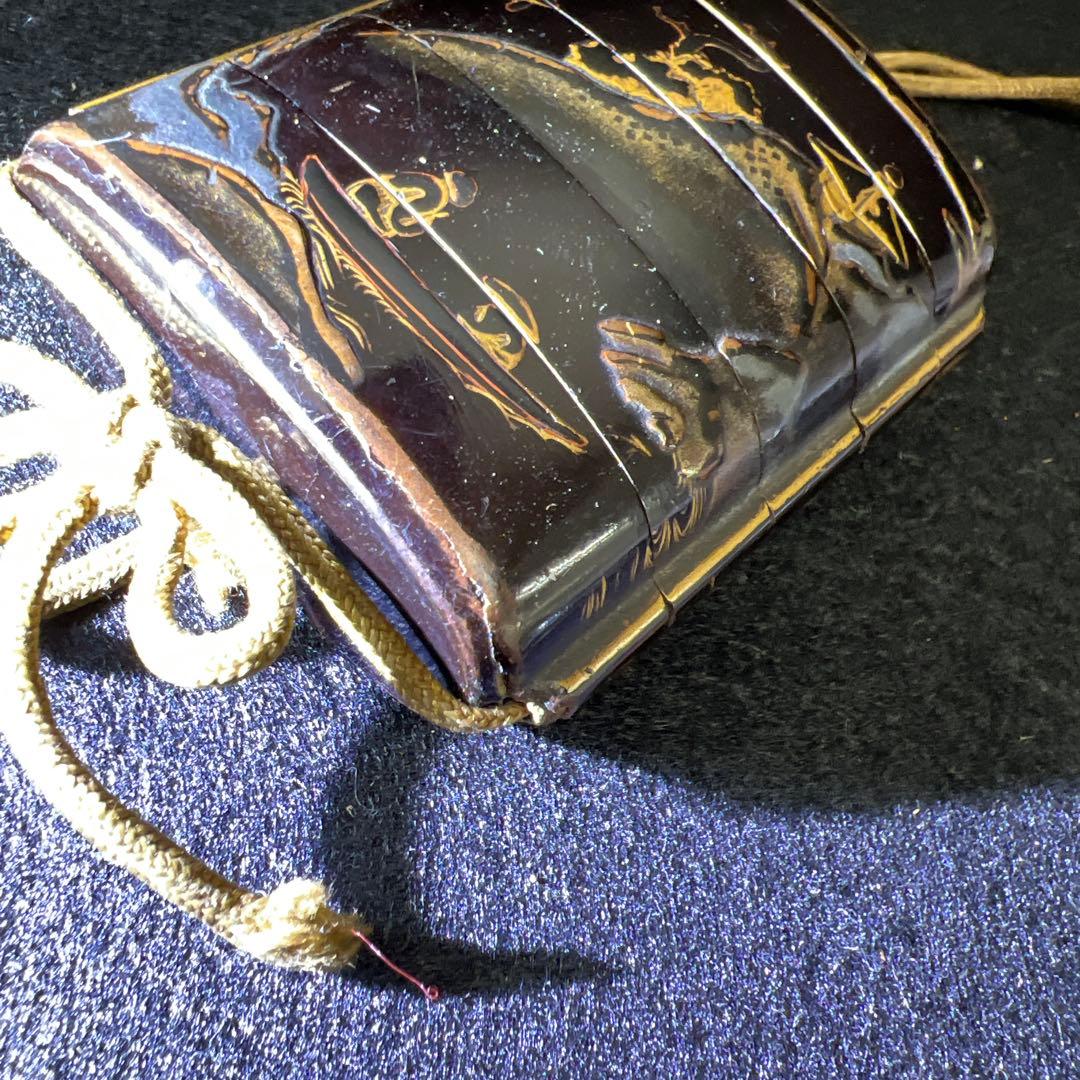 江戸時代　蒔絵木彫五段印籠、透彫木彫根付　43g 東Y8-0109☆2Fタルチ