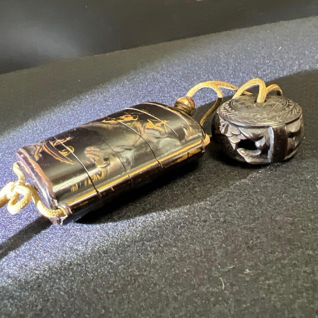 江戸時代　蒔絵木彫五段印籠、透彫木彫根付　43g 東Y8-0109☆2Fタルチ