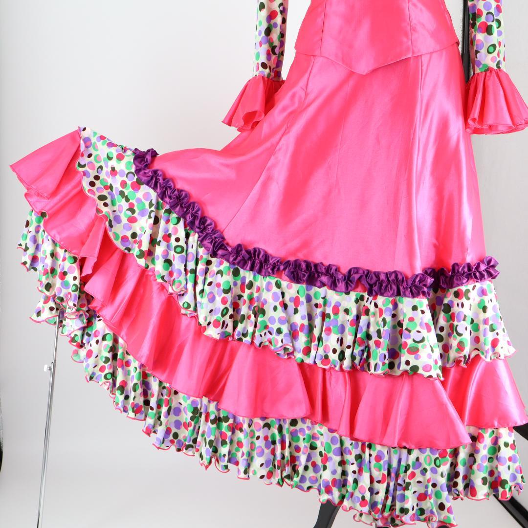 【美品 フラメンコ衣装】光沢ピンク×マルチカラー柄 ブラウス ファルダ スカート