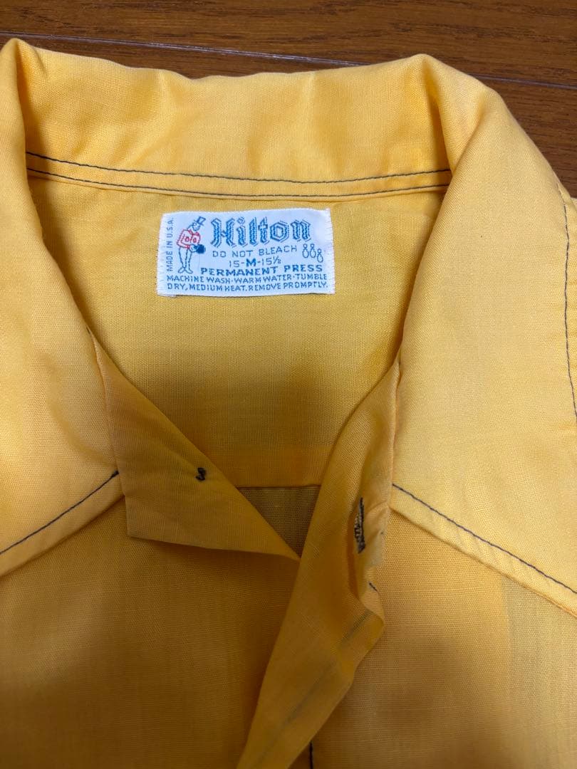 70's Hilton ボーリング シャツ イエロー　チェーンステッチ3段