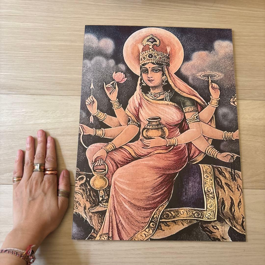 希少、アンティーク調、ヒンドゥー教、インド女神像、キャンバス板張り、フック付き