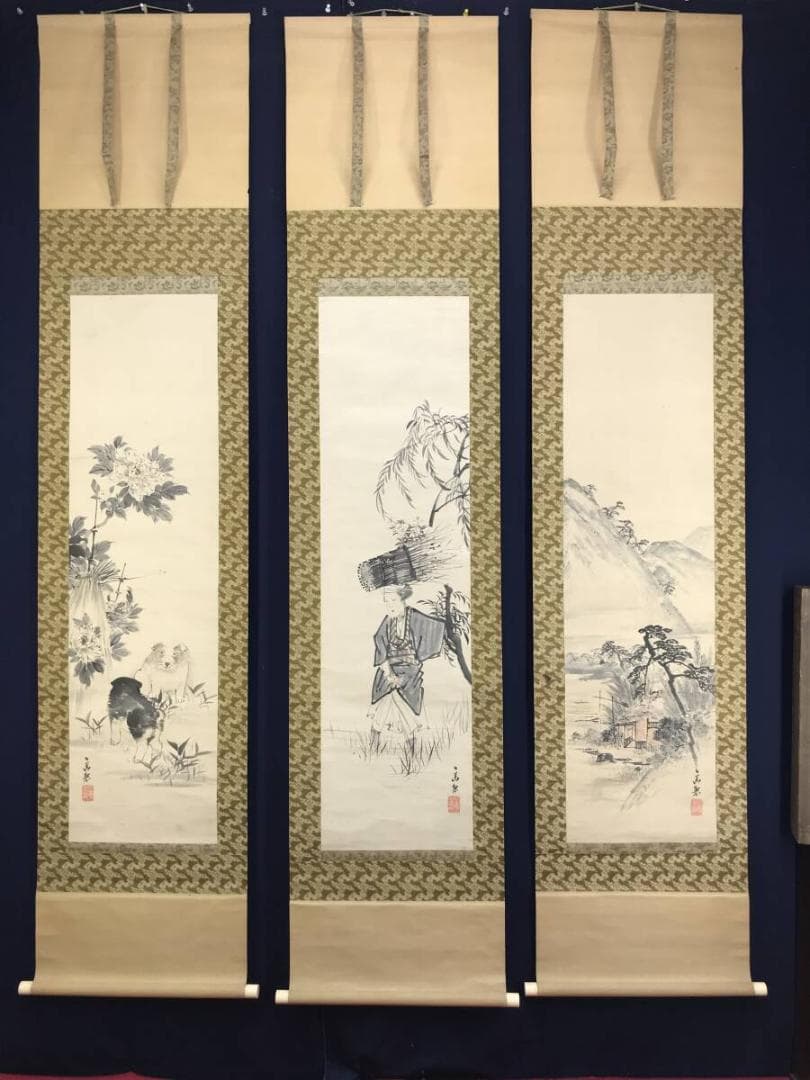 真作/田中日華/大原女/牡丹犬/山水図/花鳥図/三幅対/掛軸名家伝来AH-568