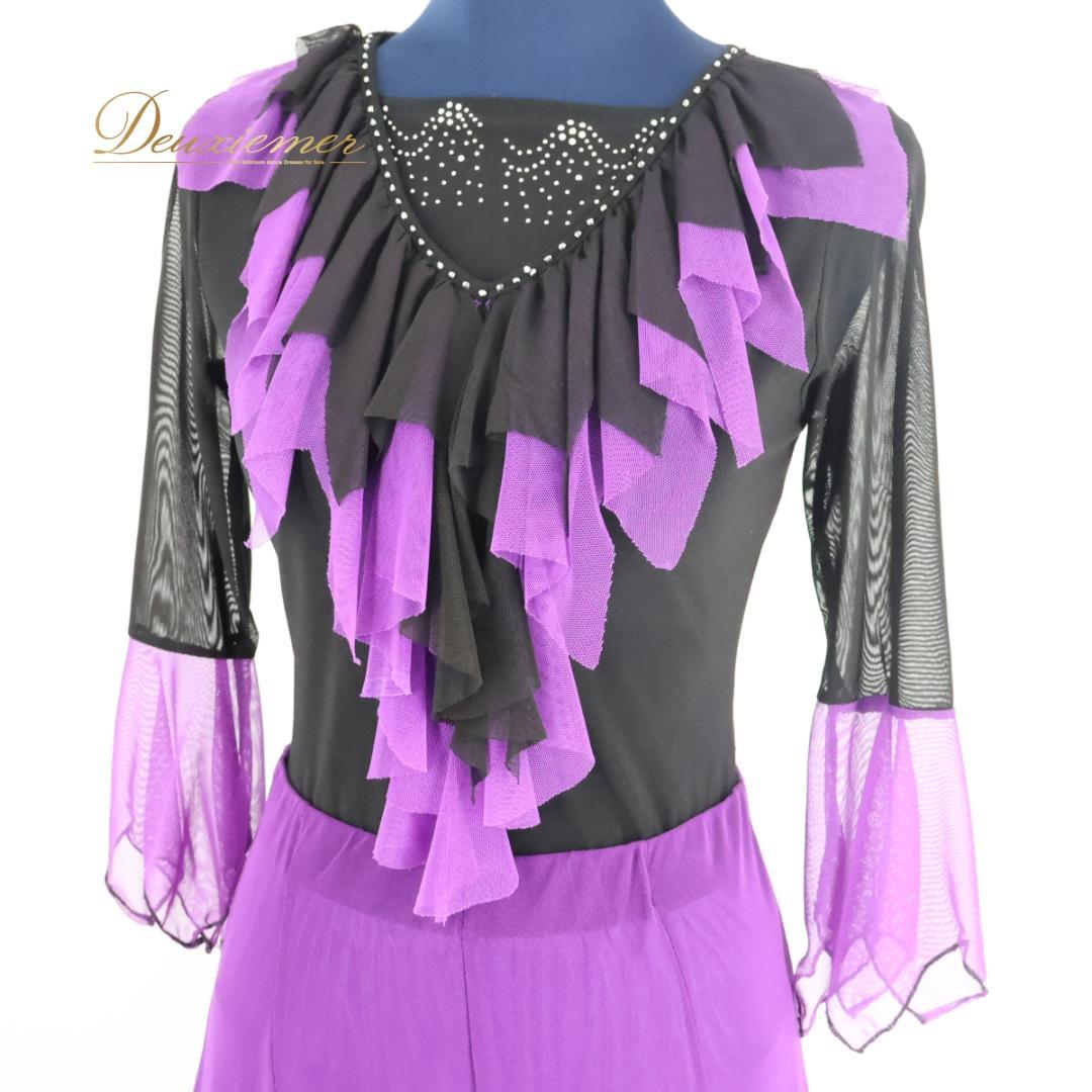 【美品 社交ダンス衣装】パープル トップス スカート 上下セット レッスン着 紫