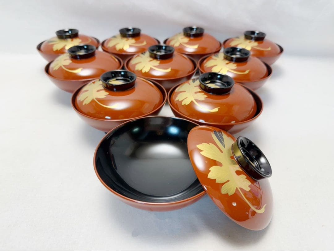 ほぼ未使用 懐石道具 木製 古代朱塗 金彩蒔絵 吸物椀十客組 内黒 木曾漆器共箱